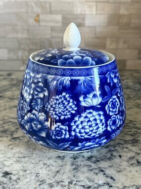 Blue and White Floral Covered Jar - Hand Painted Sugar Jar
